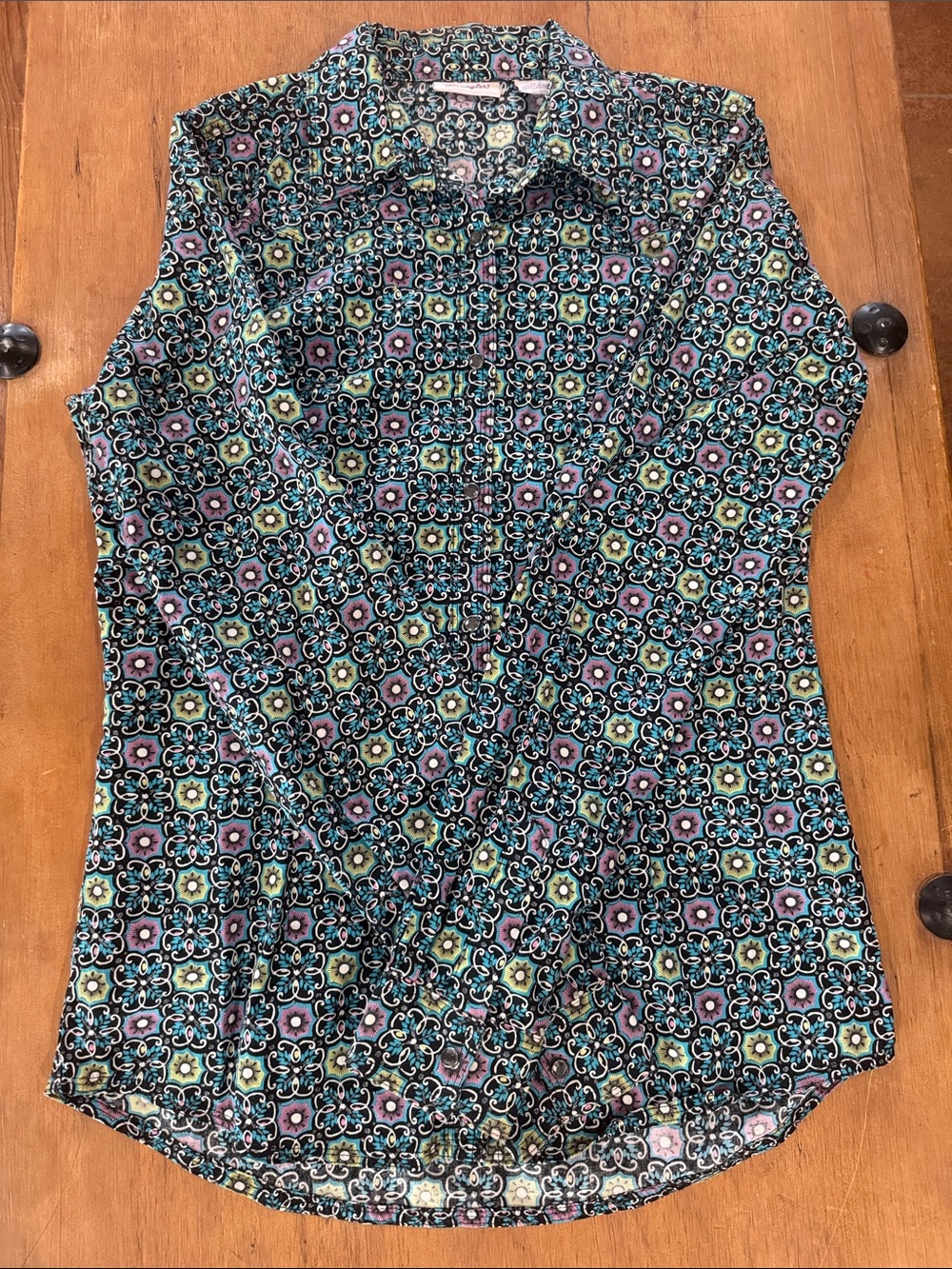 Wrangler Floral-Geometric Button-Up in Teal, Black & Lilac